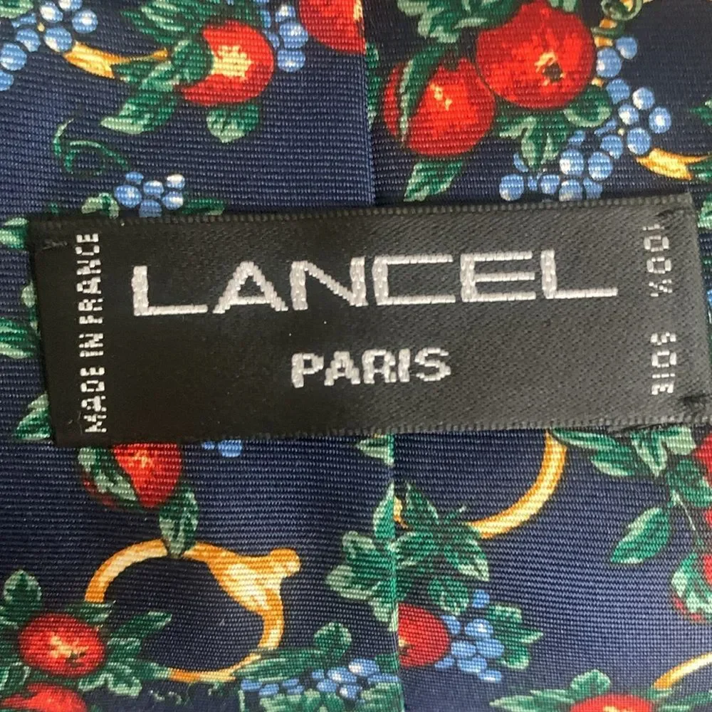 Lancel Paris Silk Floral Fruit Horsebit Stirrup Print Mens Neck Tie Navy Red New